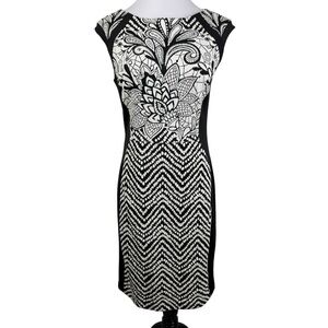Alexa‎ B. Paisley Herringbone Skirt Sheath Midi Dress Women's 8 Black White